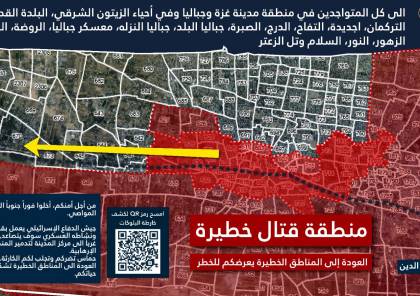 الجيش الإسرائيلي يطالب سكان مدينة غزة وجباليا بالتوجه جنوباً